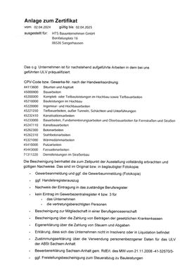 Zertifikat der ​HTS Bauunternehmen GmbH​ aus Sangerhausen